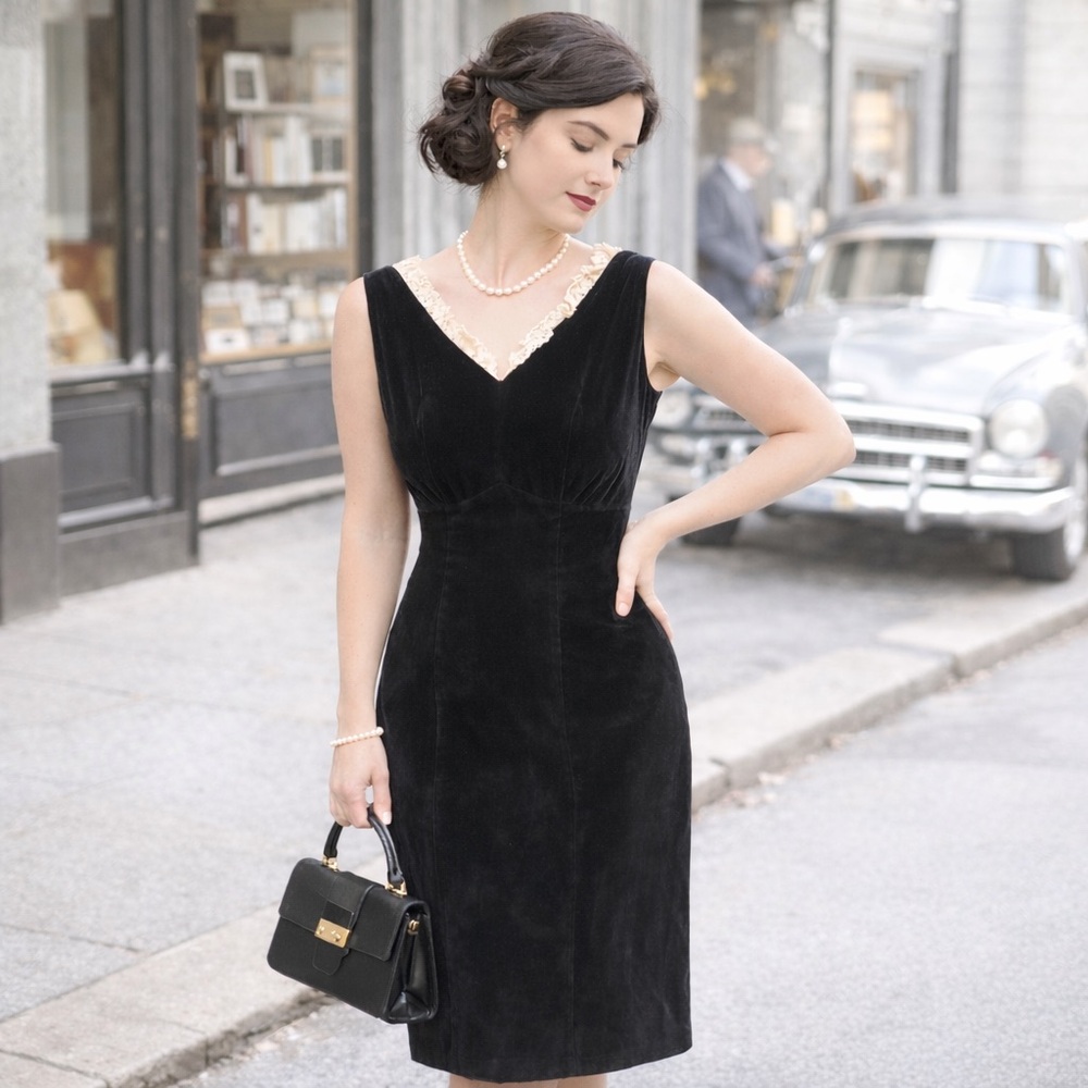 Vintage Aldens Black Velvet Lace Trim Dress | 1930s 1940s Style